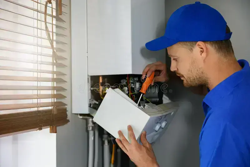 Compact tankless water heater system installed for residential hot-water use in Eleanor, WV.